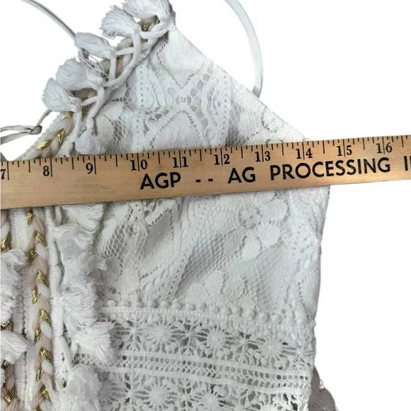 Boho Lace Midi Dress Ivory Crochet Tassel Pom Pom Cottagecore Festival Beach - Picture 4 of 7